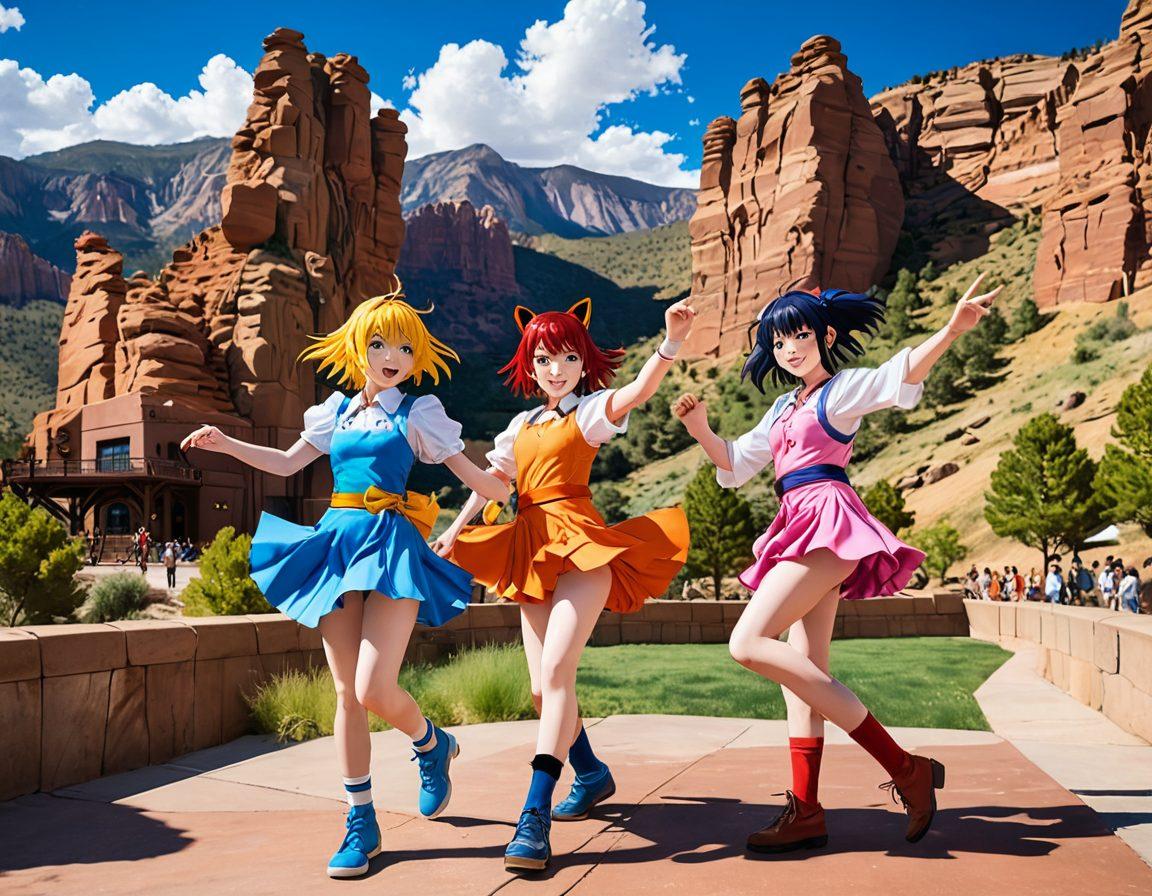 A captivating blend of elements representing adult animation, with a focus on Hentai art styles. Showcase iconic Colorado landmarks subtly integrated with anime characters engaging in humorous and playful situations, surrounded by vibrant colors. Include hints of the entertainment industry, like film reels and soundtracks, to highlight its impact. The overall tone should be light-hearted yet intriguing, appealing to both anime lovers and casual readers. super-realistic. vibrant colors. anime-inspired.