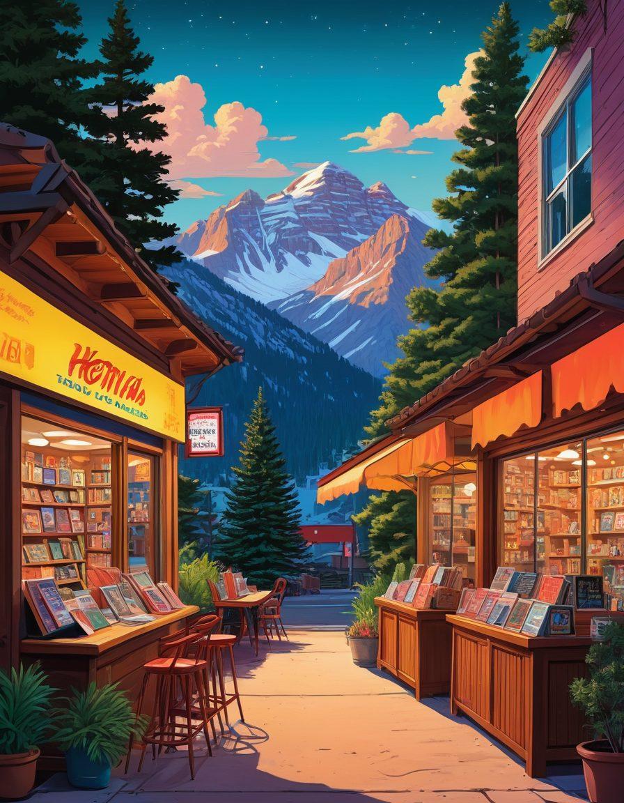 A vibrant illustration depicting the evolution of Hentai in Colorado, featuring a split scene: on one side, a cozy graphic novel shop filled with colorful comic books and art displays, and on the other, a dynamic, neon-lit adult film studio with whimsical characters in action. Capture the essence of both forms while integrating iconic Colorado landscapes in the background. The style should be playful and slightly whimsical, using bold colors and sharp contrasts. vector art. vibrant colors.