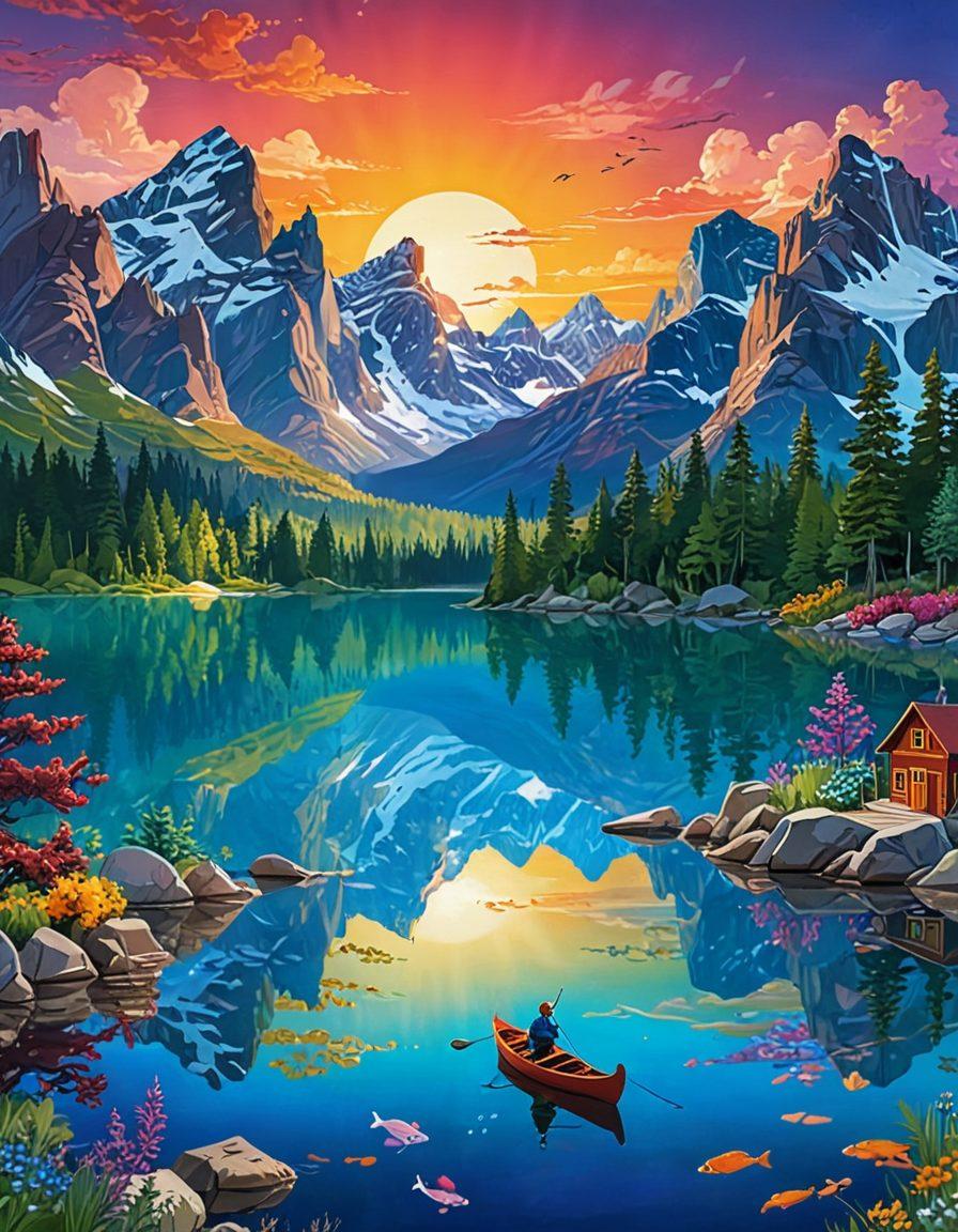 A whimsical mountainous landscape featuring a serene lake surrounded by the majestic Rocky Mountains, with playful cartoon characters engaged in humorous and cheeky adult-themed activities, seamlessly blending nature and animation. The scene should capture a vibrant sunset casting colorful reflections on the water, highlighting the playful and entertaining aspects of adult animation. vivid colors. quirky illustration. adventure style.